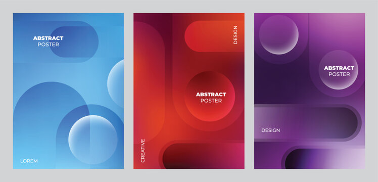 Abstract gradient poster templates set. Vector blue geometric covers with blurred light effects, modern grid layouts and futuristic shapes for flyer, brochure and presentation design.