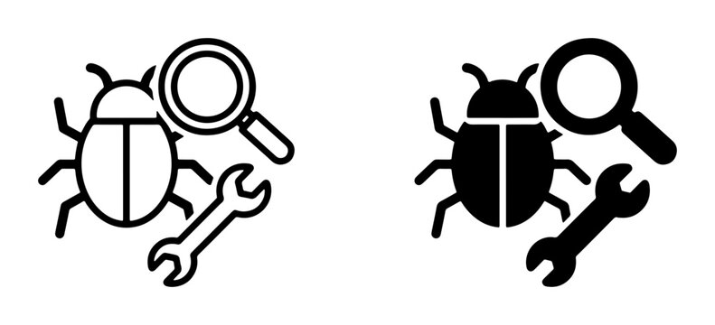 Bug Fixing Icons, Software Debugging Tools, Code Error Resolution, Technical Support Symbols, Magnifying Glass and Wrench Vector Graphics