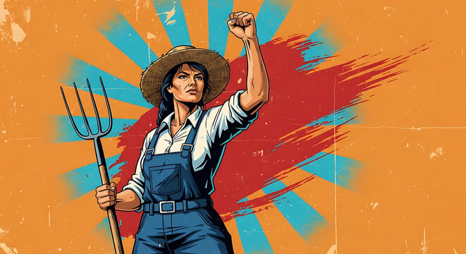 Pixel art farmer with pitchfork raising fist in protest