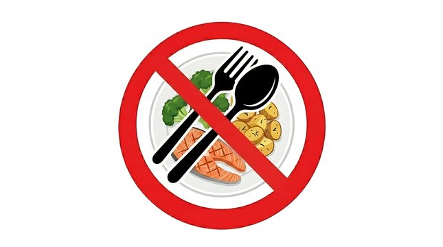 Vector illustration depicting food prohibition, dietary restrictions, or a healthy eating concept, with a forbidden sign over a balanced meal