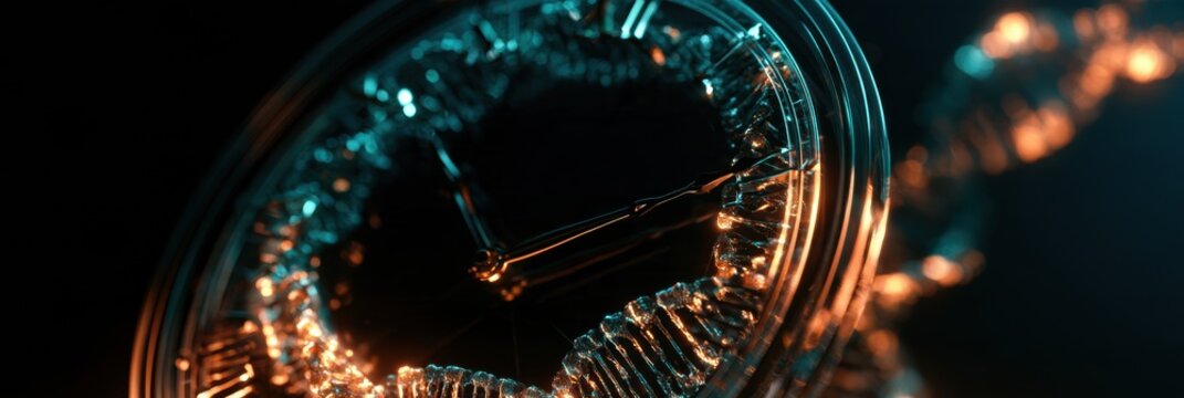 Visual representation of a biological clock using a glowing DNA strand and telomeres as clock hands on a dark background with teal and amber light.