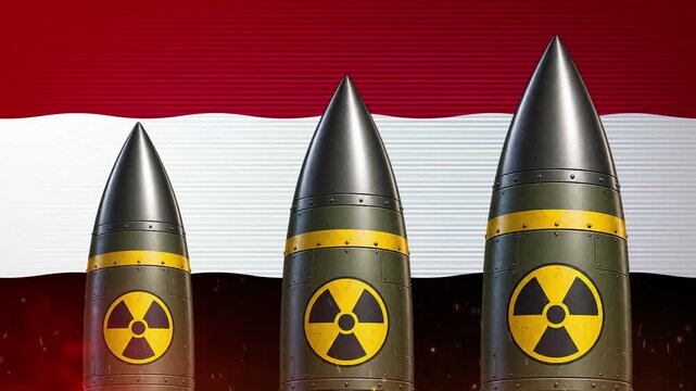 Three nuclear missiles rising in front of the Yemen flag