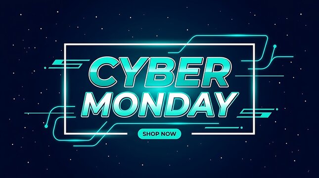 Cyber monday glitch effect sale promotion with neon blue digital background