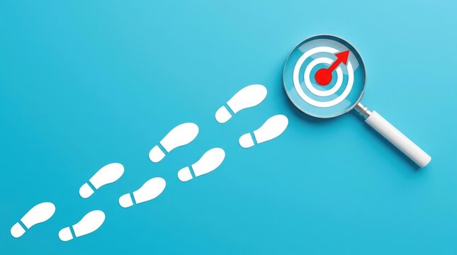 Footprints lead towards a magnifying glass over a target on blue background