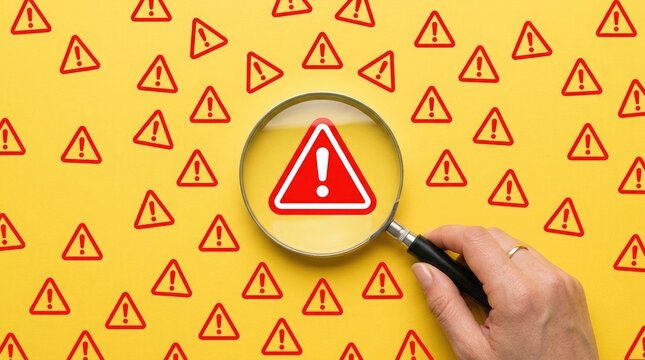 Hand examines warning sign with magnifying glass on yellow background