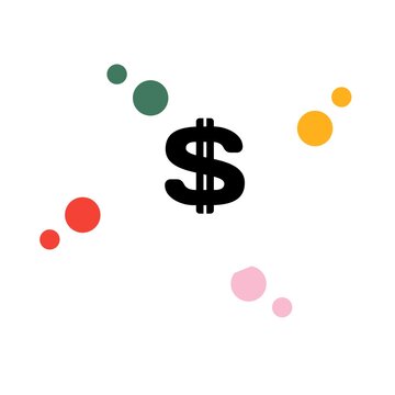 The black dollar sign symbol is located in the center, surrounded by an aesthetic colorful dot pattern decoration on a clean background.

