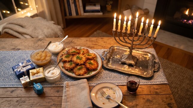 Hanukkah table with lit menorah and latkes