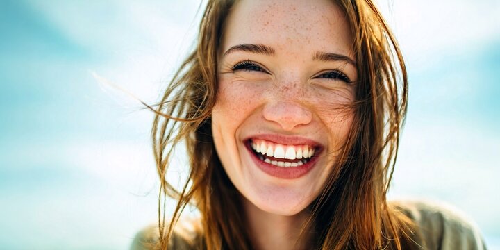 Radiant young woman with natural flowing red hair and cute freckles laughing joyfully while wind blows in bright and sunny outdoor natural sunlight, close up face freedom portrait with blue cloudy sky