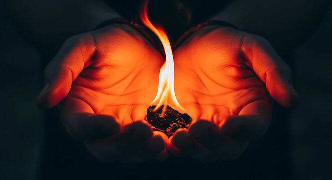 Bright orange fire flame held in cupped human hands