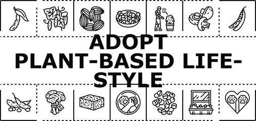Obraz premium Adopt plant-based lifestyle banner infographic. Grains health, balance ethics, diet environment icon vector illustration