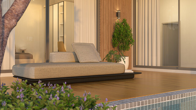 3D Rendering of a modern outdoor daybed on a wooden patio deck next to a pool, featuring a stylish slatted wood wall design.