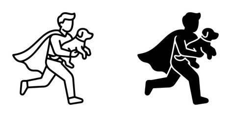 Fototapeta premium Superhero Man Carrying Dog Vector Icons, Heroic Pet Rescue Line Art and Silhouette, Animal Lover Concept