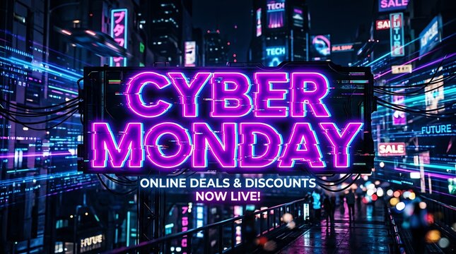Cyber monday neon sign over blurred cityscape with online shopping text