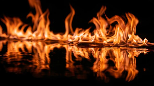 A black and orange Halloween background featuring abstract orange flames reflected in glossy black glass, no visible fireplace or identifiable objects, dramatic mirrored patterns, rich tonal contrast