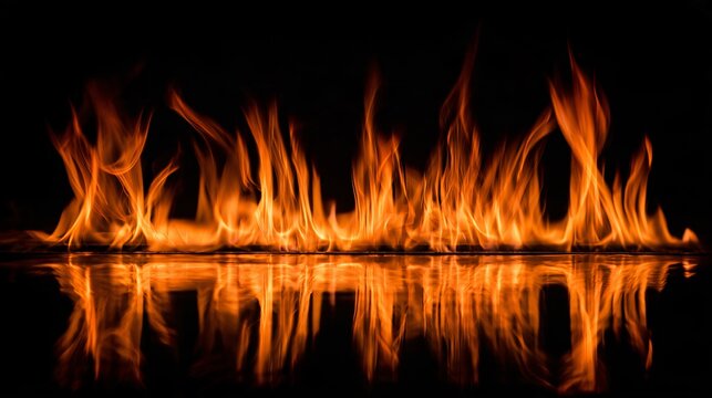 A black and orange Halloween background featuring abstract orange flames reflected in glossy black glass, no visible fireplace or identifiable objects, dramatic mirrored patterns, rich tonal contrast