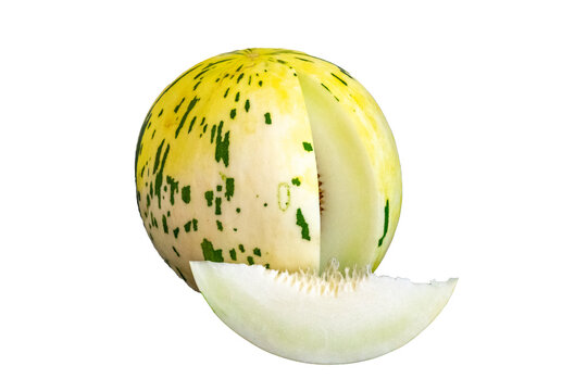 Dino melon (Cucumis melo), also known as Dinosaur or Tigger melon, with its distinctive yellow rind marked by irregular dark green stripes &mdash; shown whole resting on straw and cut open to reveal the pal