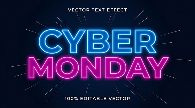 Neon cyber monday sale advertisement with futuristic digital background elements
