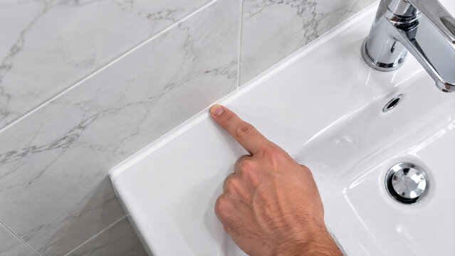 Sink waterproofing installation quality inspection of silicone sealant joint with hand, bathroom plumbing repair service