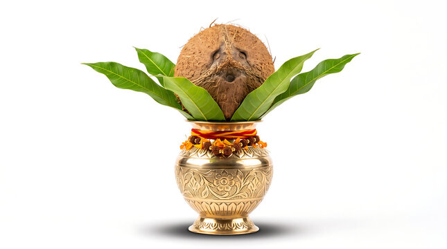 Traditional diwali indian festival kalash with coconut and leaves