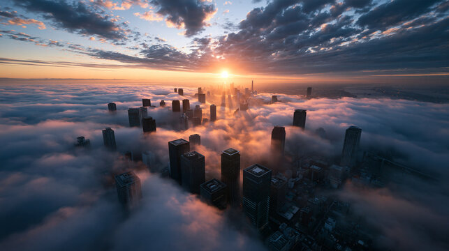 City Skyline Emerging Through Clouds at Sunrise