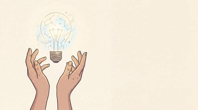 Hands Reaching Towards Glowing Light Bulb with Constellations