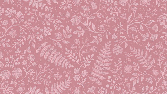 Seamless Floral Botanical Pattern on Pink Background