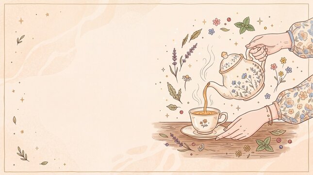 Pouring Herbal Tea from Teapot into Cup Illustration