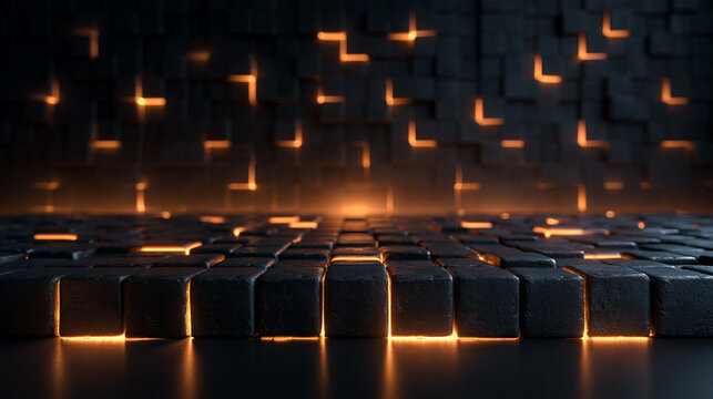 Futuristic Dark Cube Podium Background with Glowing Orange Light