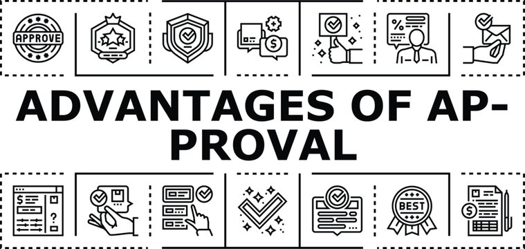Advantages of approval banner infographic. Recognition benefit, sanction satisfaction, affirmation favor icon vector illustration
