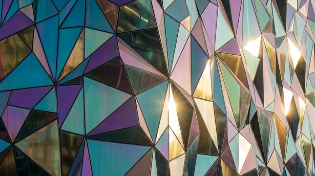 Modern Geometric Architecture Facade with Iridescent Triangular Panels