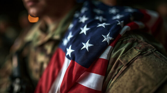 American Flag Draped over Military Soldier in Camouflage Uniform
