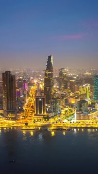 Aerial view of Ho chi minh city or Saigon city at night in Vietnam. Vertical