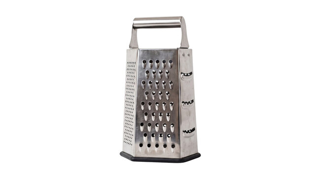 Stainless steel box grater with handle, professional four-sided metal cheese grater, versatile kitchen tool for shredding and slicing vegetables isolated PNG with Transparent Background