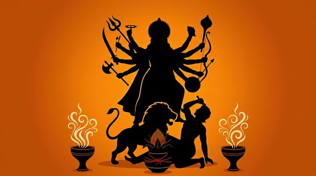 Goddess Durga Silhouette Slaying Mahishasura Dhunuchi Kalash Orange Background Graphic Illustration.