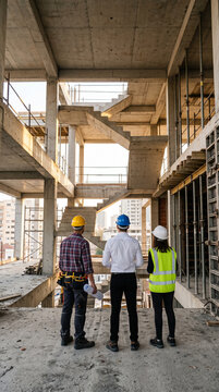 Asian contractor and engineer inspecting material in construction building.