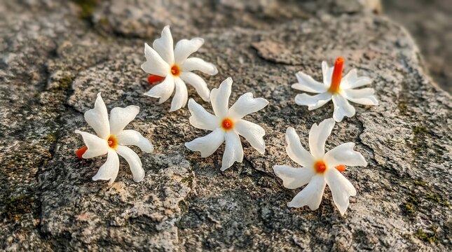 Five Shiuli Flowers Night Jasmine White Petals Orange Stems Rough Stone Surface Stock Photo.
