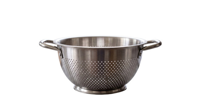Stainless steel colander with handles, professional metal kitchen strainer for food preparation, durable silver mesh bowl for washing vegetables isolated PNG with Transparent Background