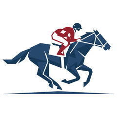 Fototapeta premium Stylized graphic illustration of a jockey riding a dark blue racehorse with horse racing