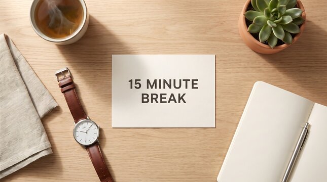 A wooden desk flat lay showcasing a note with a 15 minute break message, a wristwatch, a hot beverage, and a plant