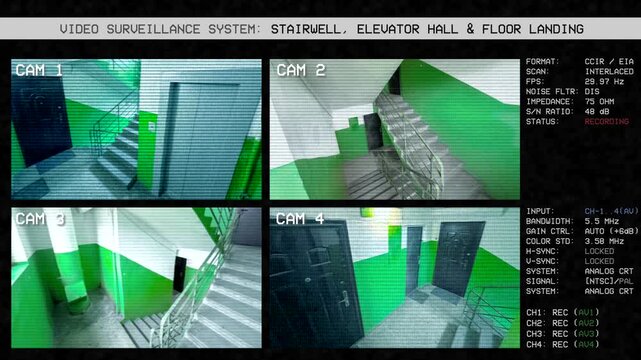 CCTV video surveillance monitor with screen distortion and bad signal feeds from old building stairwell