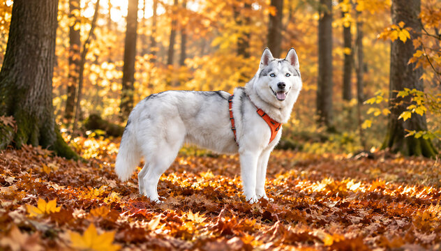 A beautiful siberian husky dog standing in a vibrant autumn forest with golden fall leaves on the ground, looking at the camera with bright blue eyes