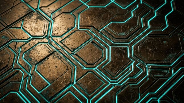 Abstract circuit board pattern with glowing teal lines