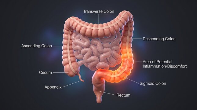 Human digestive system anatomy diagram, medical 3D illustration of colon inflammation and intestinal discomfort, labeled large intestine parts