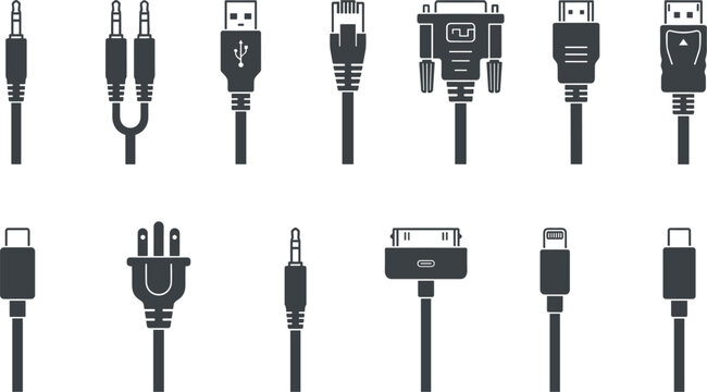 Digital device plug icon collection featuring network ethernet jack power cord sound auxiliary wire and computer interface ports
