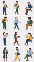 Fototapeta premium Diverse group of young women engaged in various activities including reading walking and carrying books.