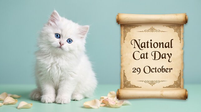 White kitten standing next to national cat day scroll