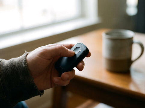 Hand holding small remote control device near window soft daylight
