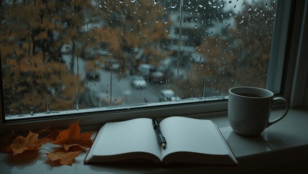 Rainy Day Scene With a Notebook and a Cup by the Window