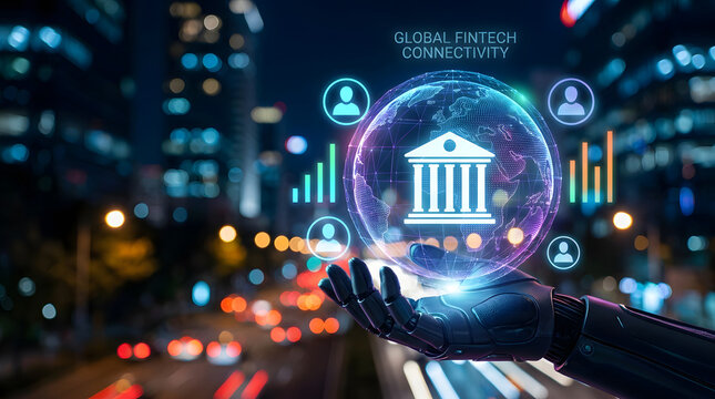 Fintech Global Connectivity: A robotic hand cradles a glowing digital sphere showcasing a bank icon, symbolizing the interconnectedness of global finance and technology.
