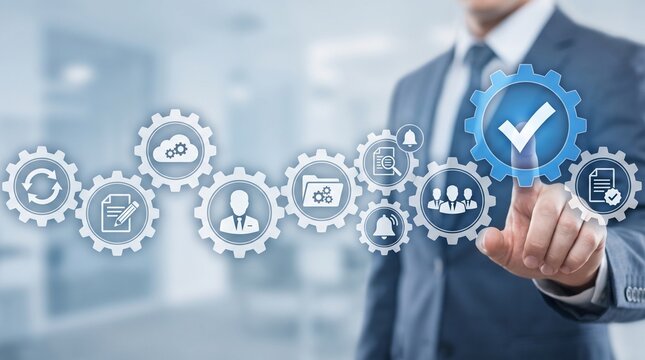 Businessman touching virtual gear button with check mark for quality assurance and business process management automation concept
